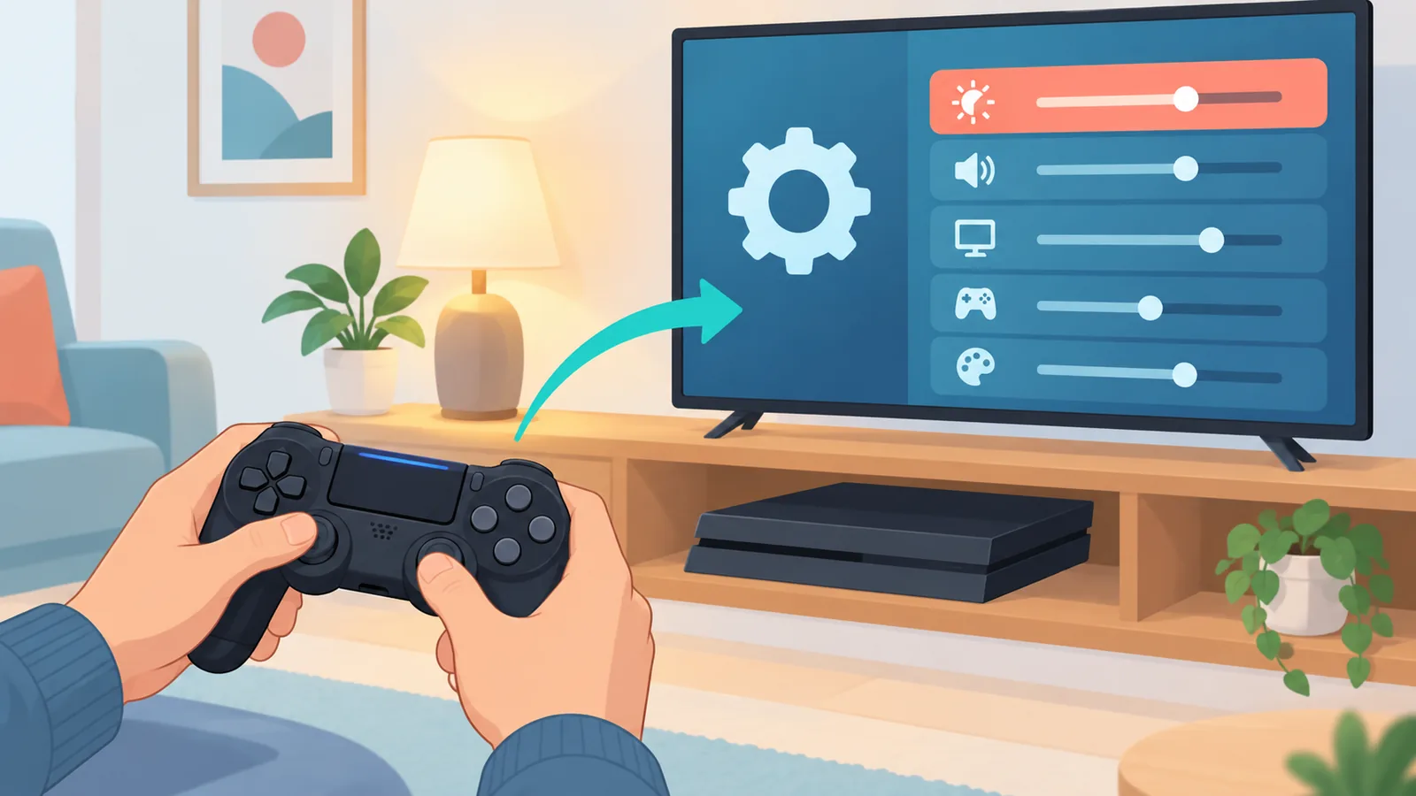 Consolă PS4 pe un raft, cu meniul de setări afișat pe televizor