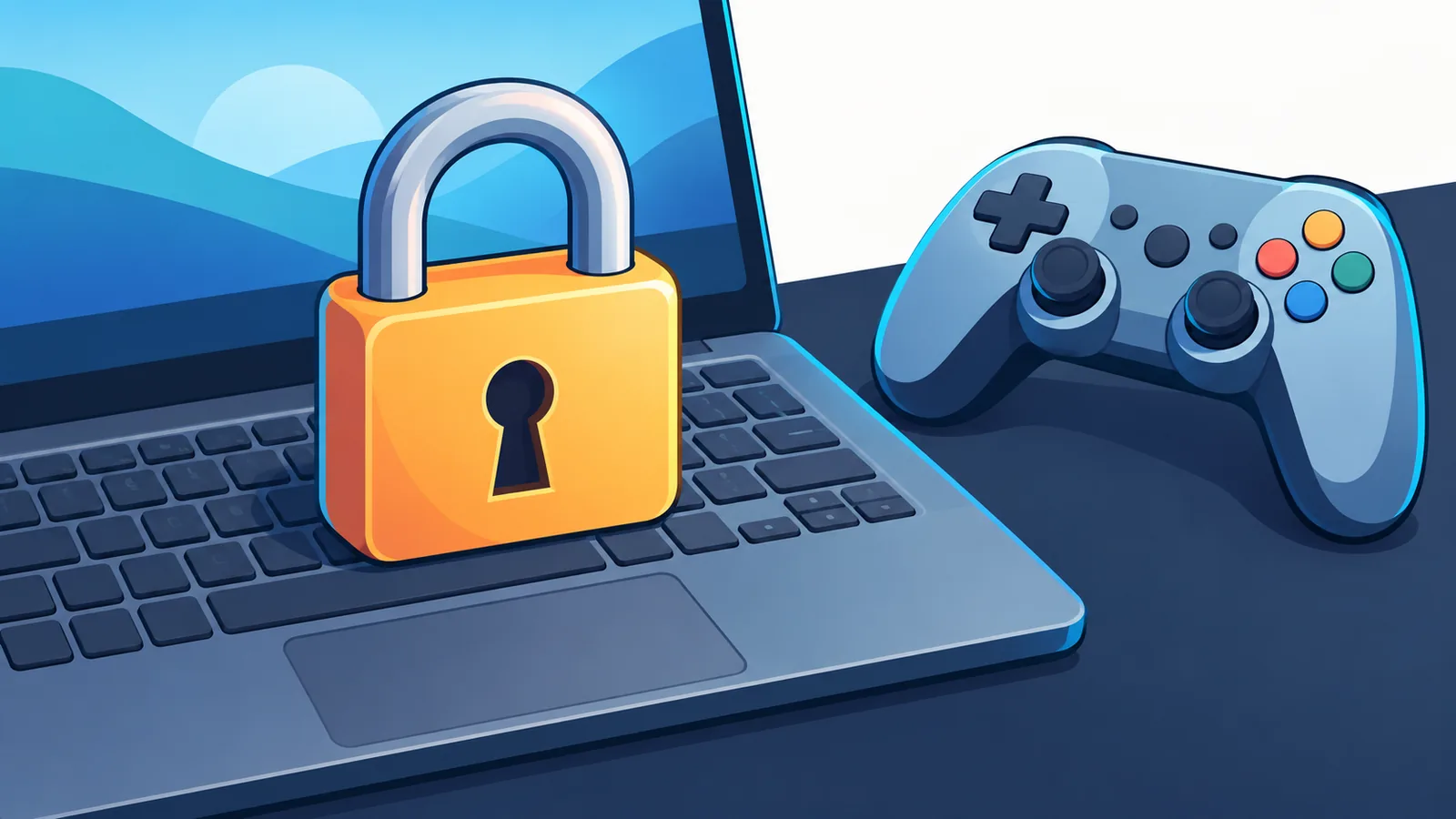 Lacăt pe tastatura unui laptop, lângă un controller, simbol al securității contului