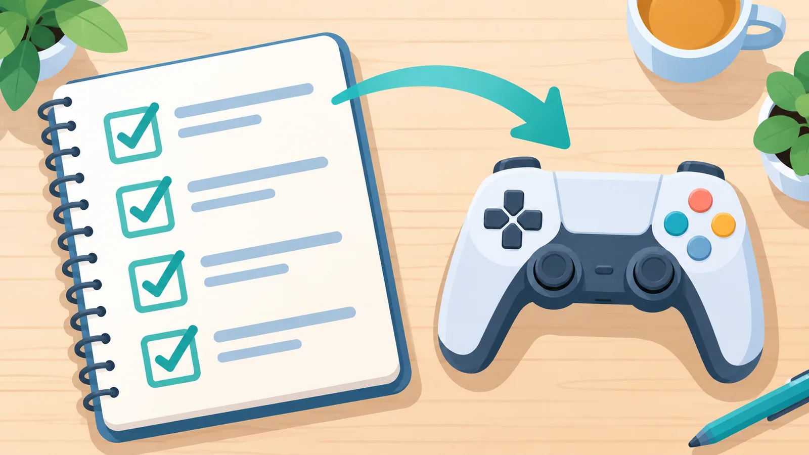 Listă de verificare bifată lângă un controller PlayStation