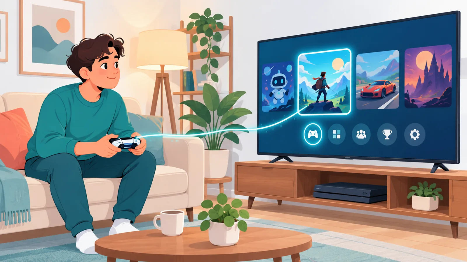 Tânăr care se uită gânditor la meniul PlayStation de pe televizor