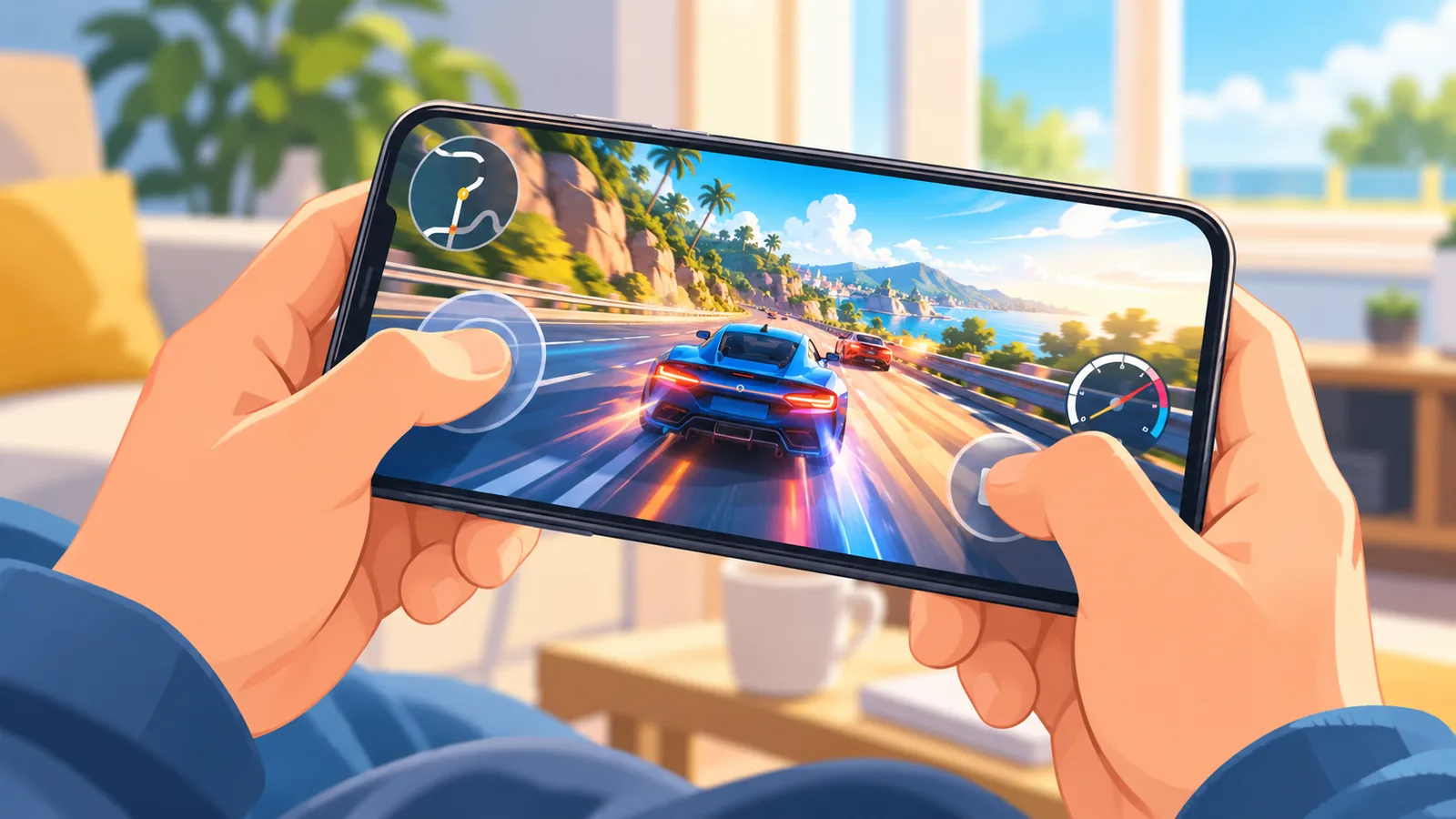 Mâini care joacă pe un telefon Android folosind comenzi tactile, fără controller