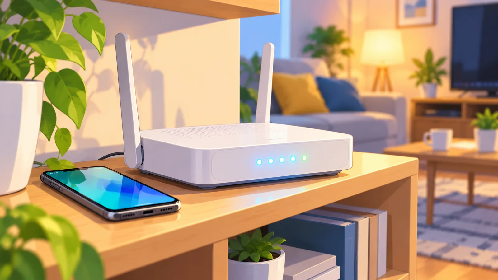 Router Wi-Fi lângă un telefon, pentru o conexiune stabilă la cloud gaming