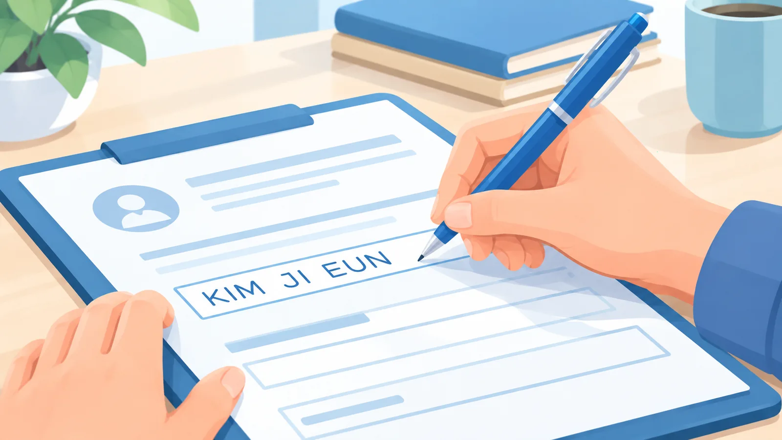 Mâini care scriu numele pe un formular tipărit