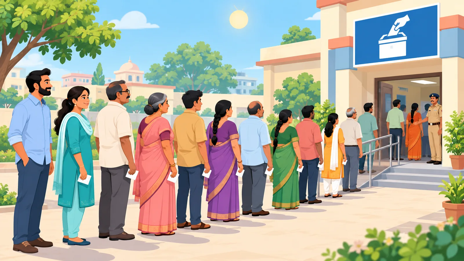 Alegători la rând în fața unei secții de votare din India