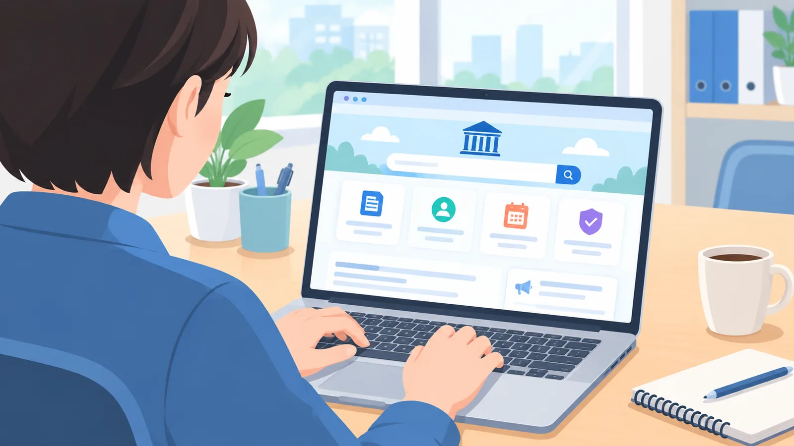 Laptop care afișează pagina de start a unui portal oficial