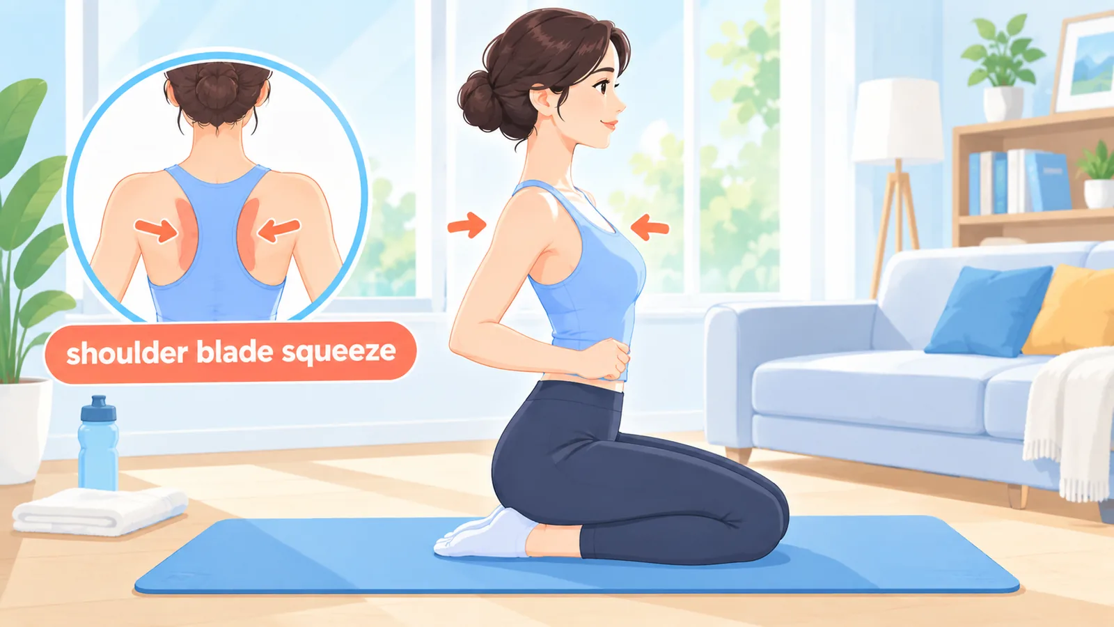 Exercițiu de apropiere a omoplaților pe saltea de yoga