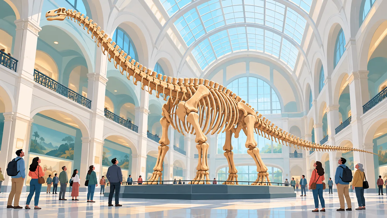 Sală cu schelet de dinozaur și vizitatori într-un muzeu de istorie naturală