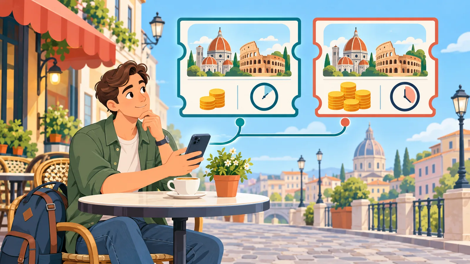 Turist care compară opțiuni de bilete pe telefon, la o masă de cafenea