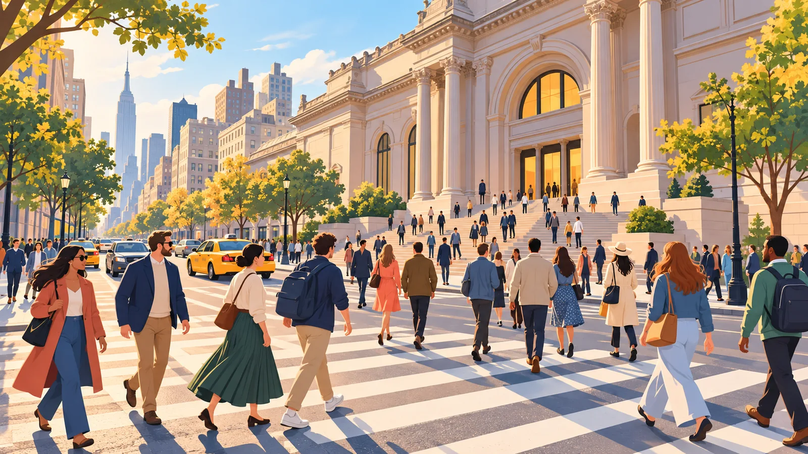 Stradă aglomerată din Manhattan, cu un muzeu în fundal