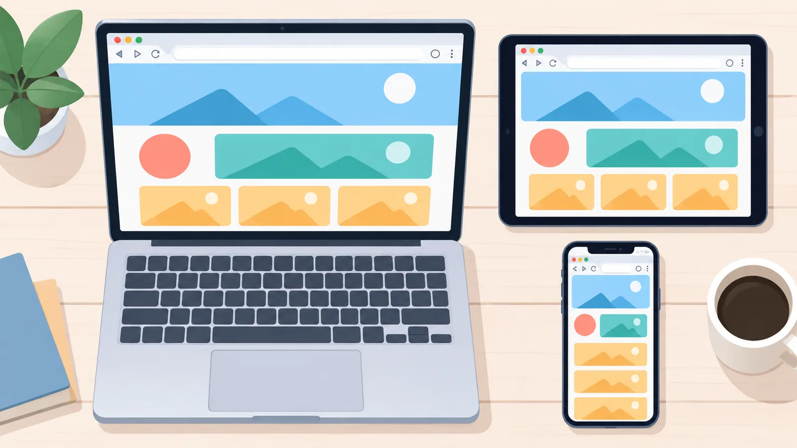 MacBook, iPhone și iPad pe același birou, cu browserul deschis