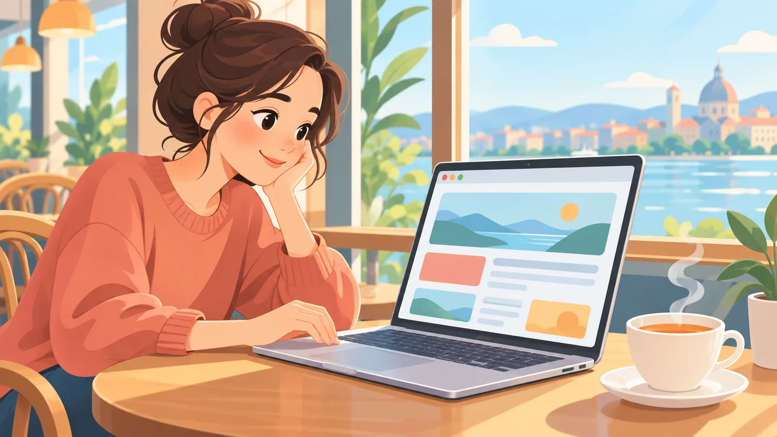 Persoană care citește pe un MacBook într-o cafenea