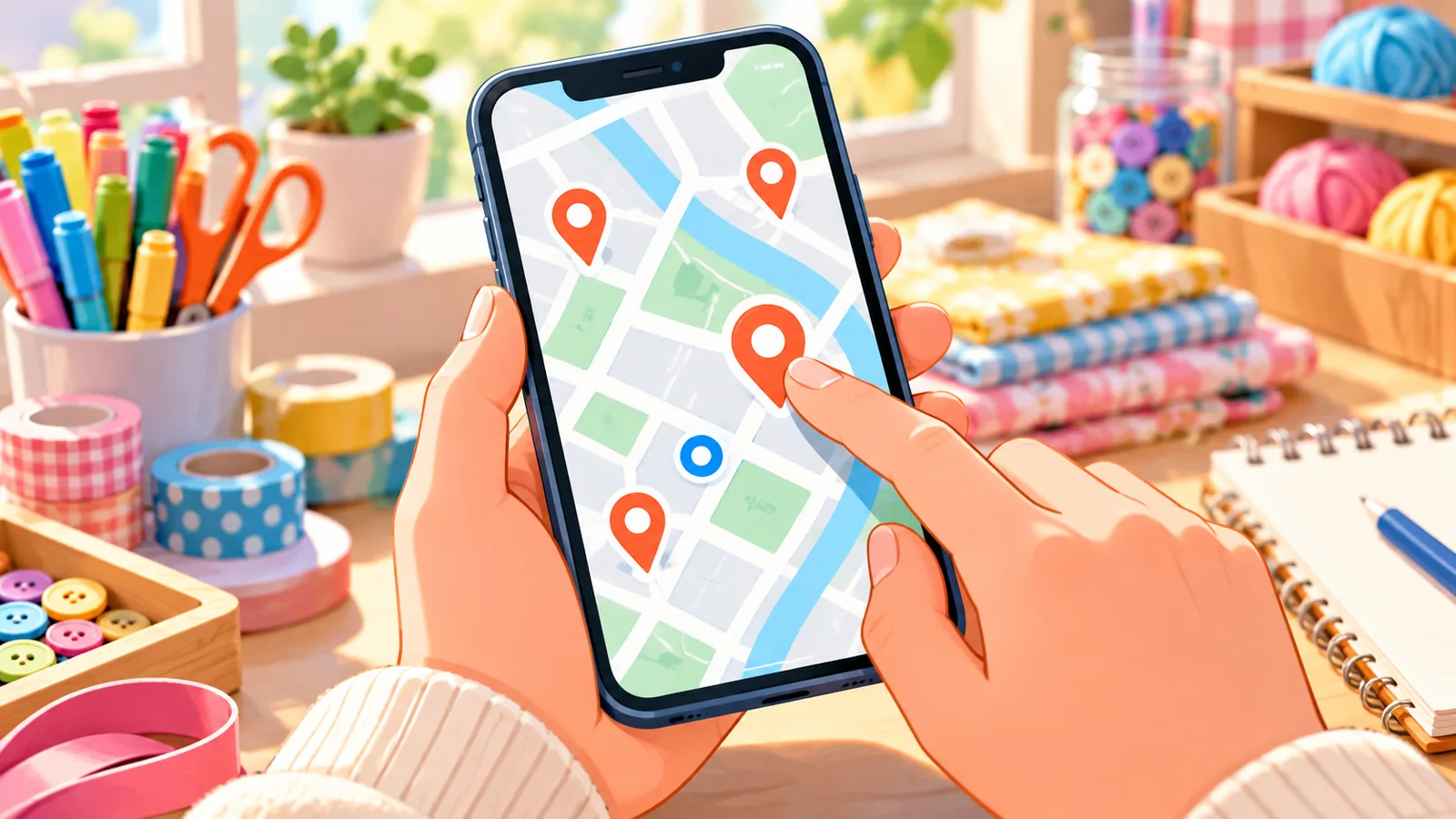 Persoană care caută magazine craft pe hartă, pe telefon