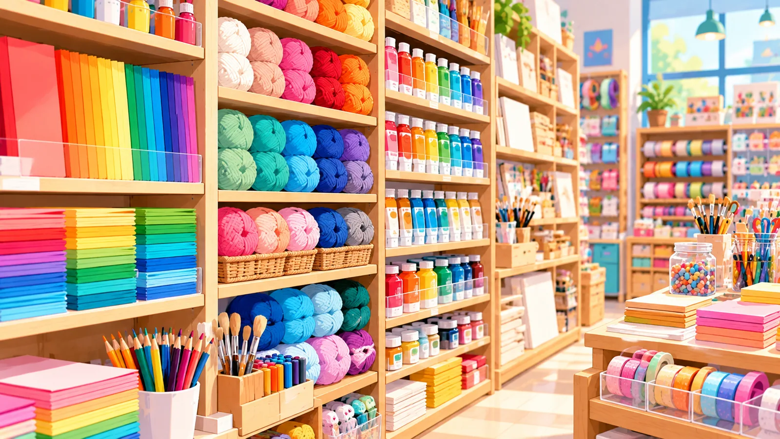 Rafturi cu hârtie, fire și culori într-un magazin craft