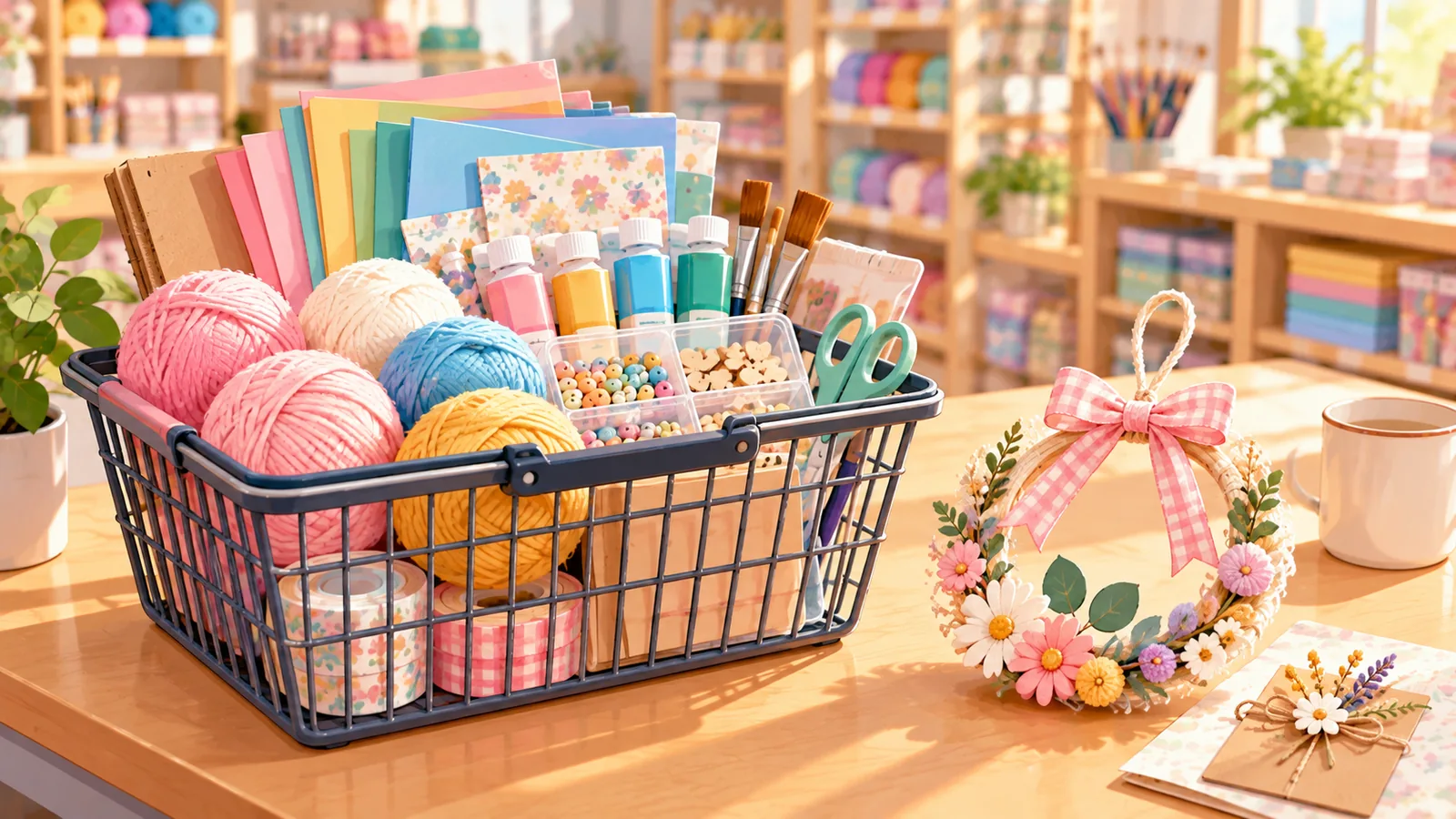 Coș cu materiale craft pregătit pentru un proiect