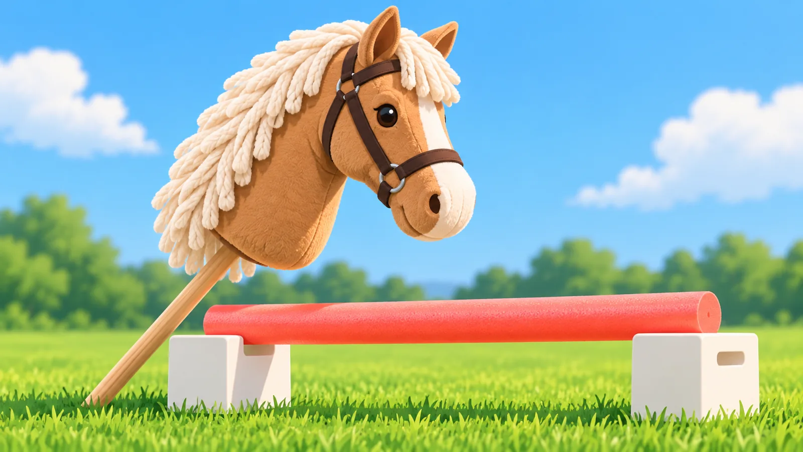Hobby horse lângă un obstacol jos făcut din tub de spumă pe cutii mici
