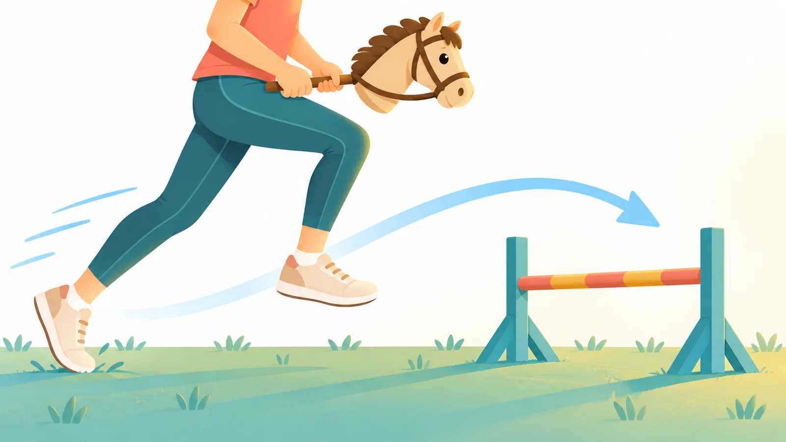 Apropiere în galop spre obstacol cu hobby horse-ul în față