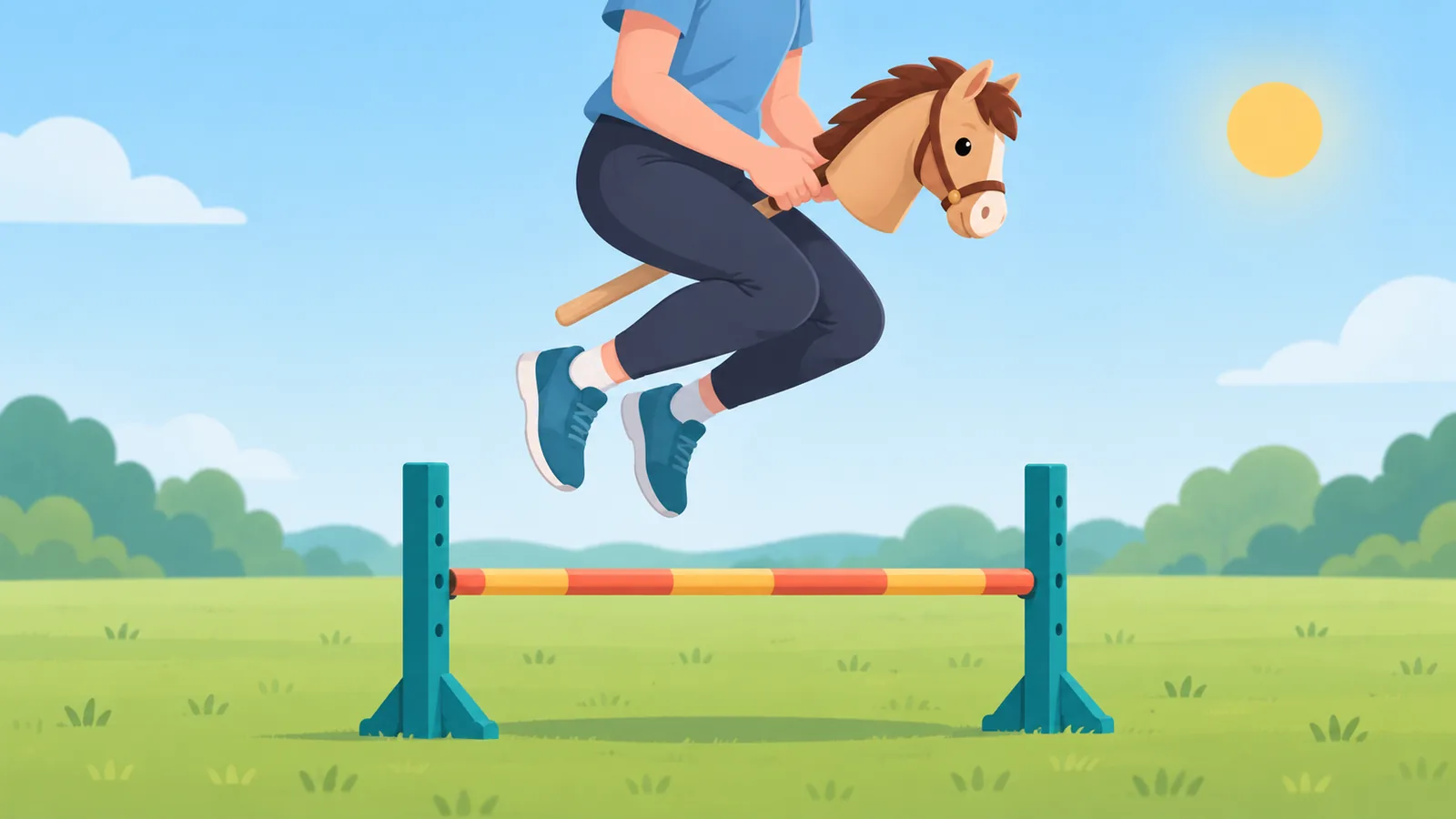 Săritură peste o bară joasă, cu hobby horse-ul între picioare