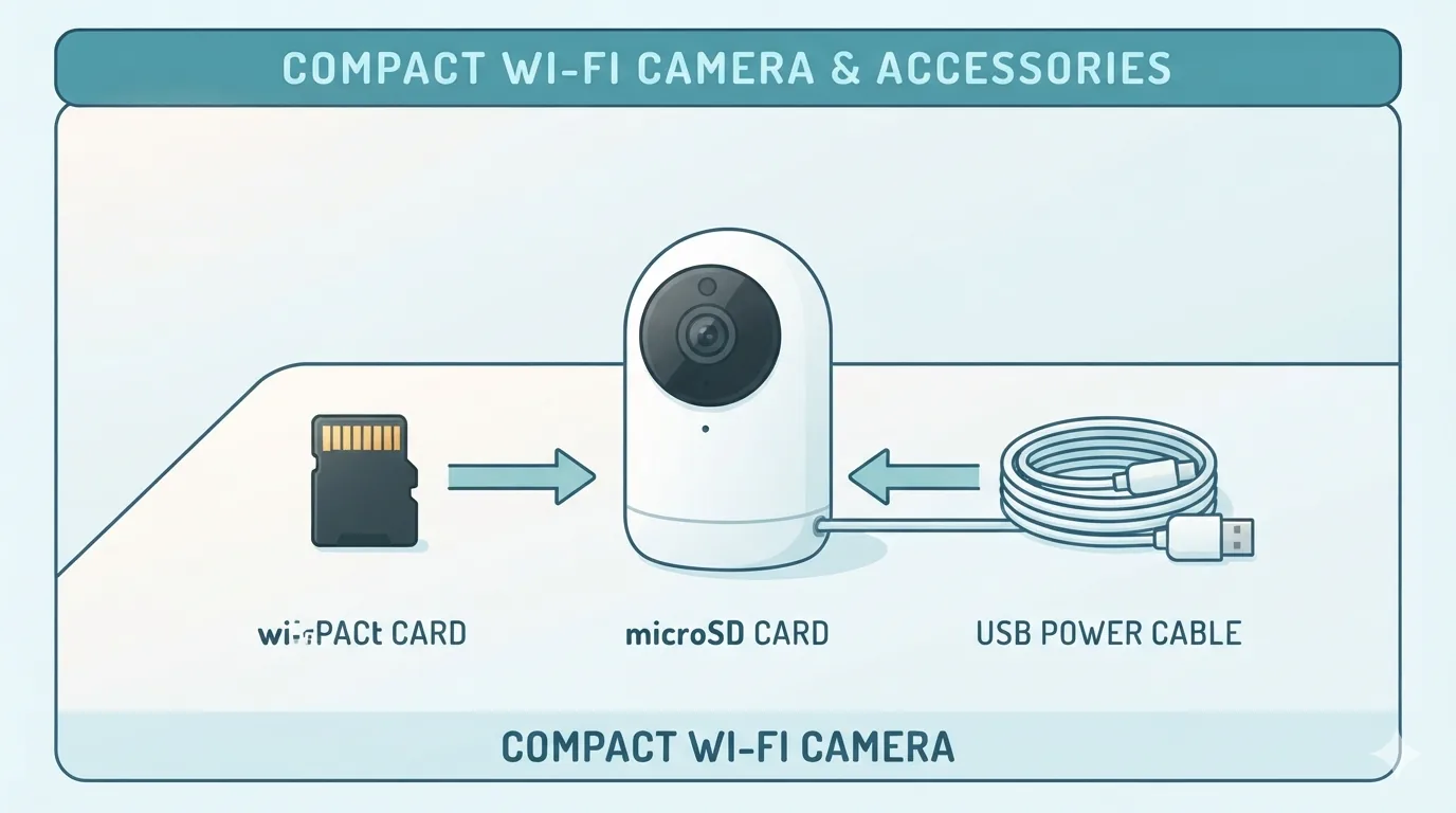 Cameră compactă de buget pe un birou, lângă un card microSD
