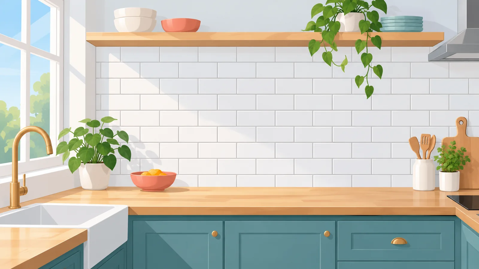 Backsplash terminat într-o bucătărie luminoasă