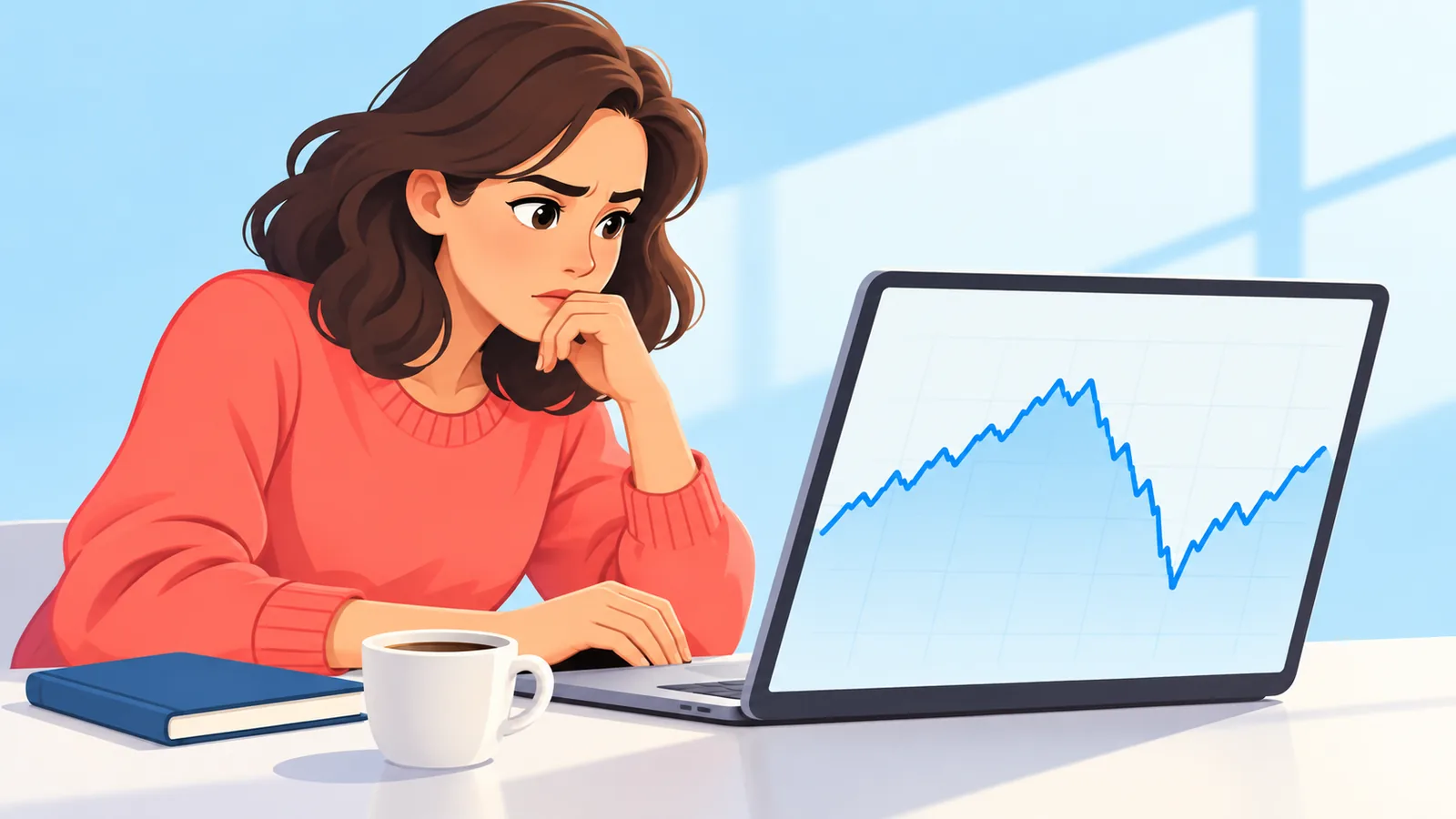 Investitor care privește pe laptop un grafic simplu al unui fond tranzacționat la bursă
