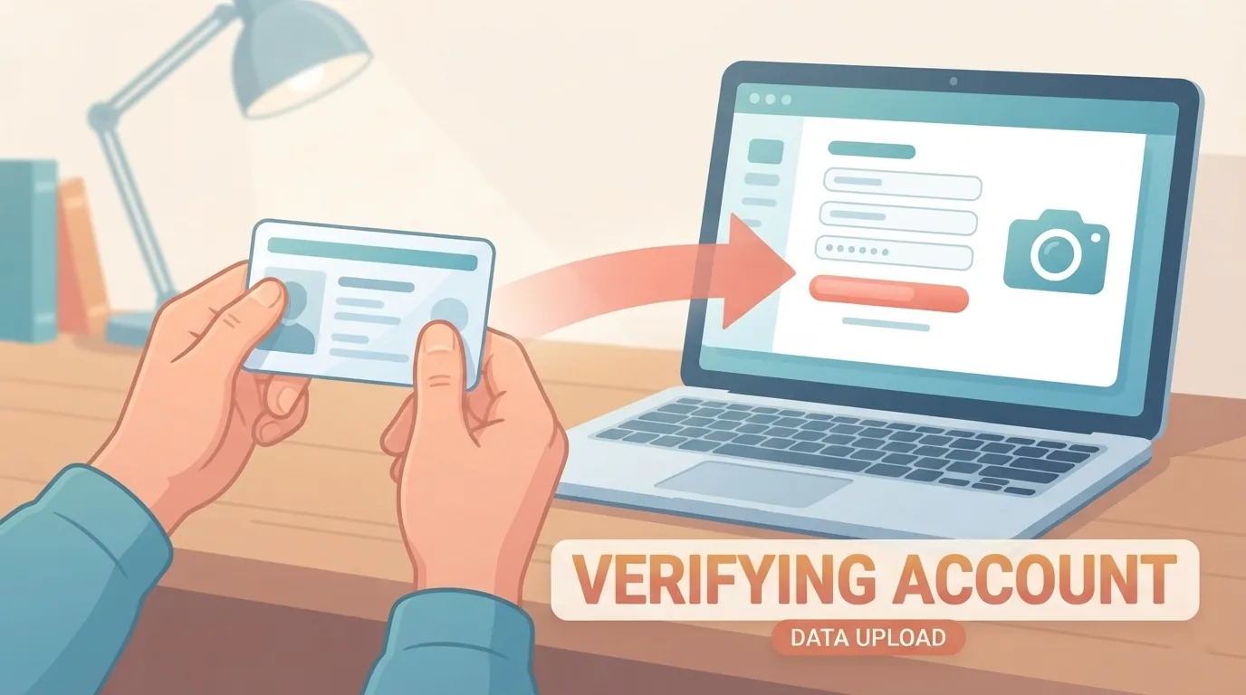 Mâini cu un act de identitate lângă un laptop cu formular de verificare a contului