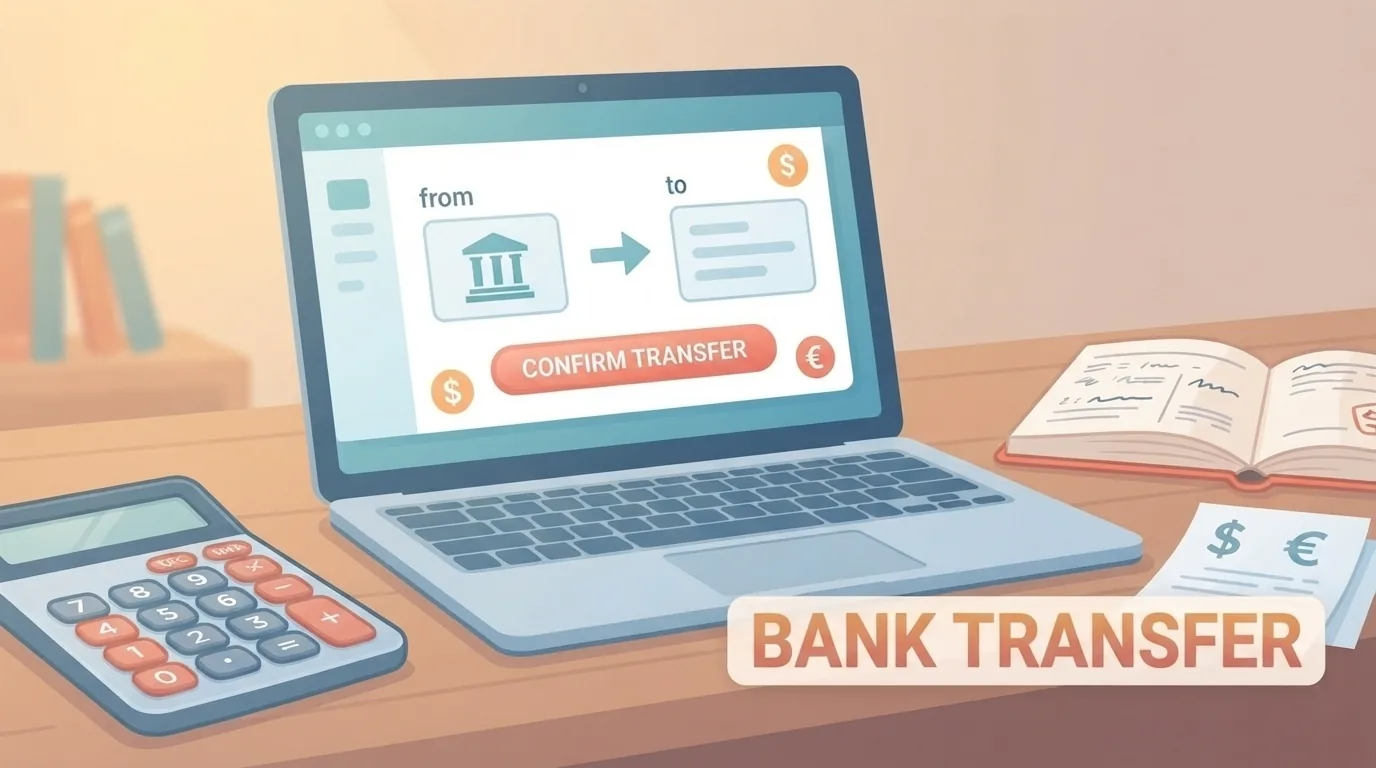 Laptop cu un transfer bancar, calculator și caiet cu simboluri valutare