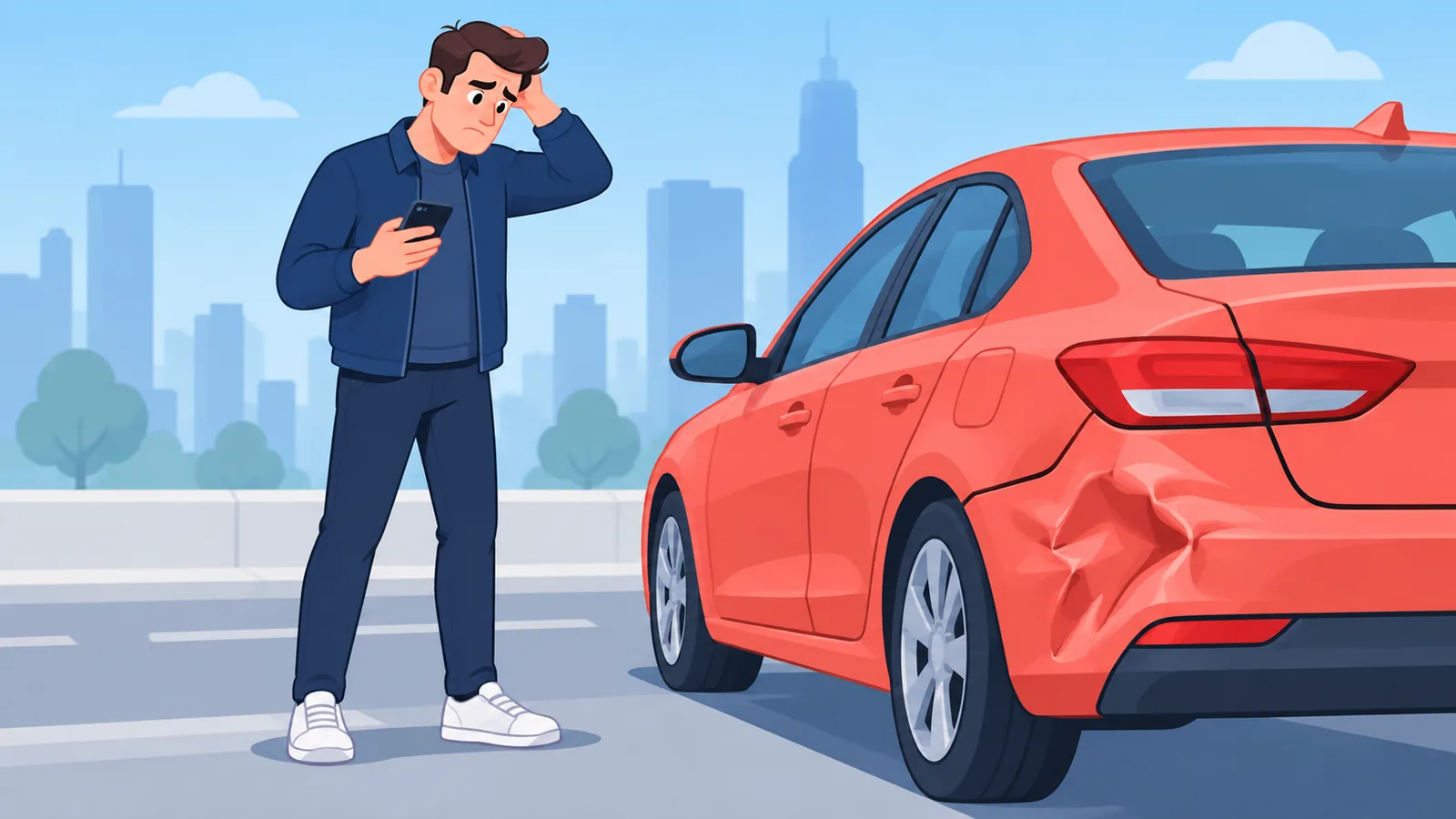 Șofer la locul unui accident rutier, după impact
