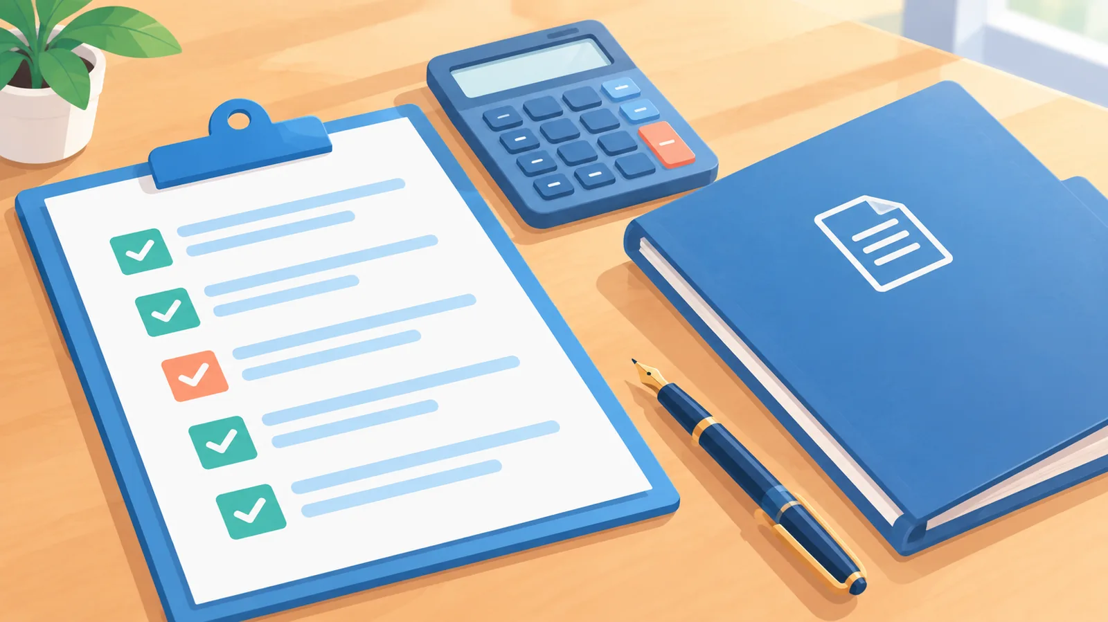 Listă de criterii pe un clipboard, lângă calculator și dosar de contract