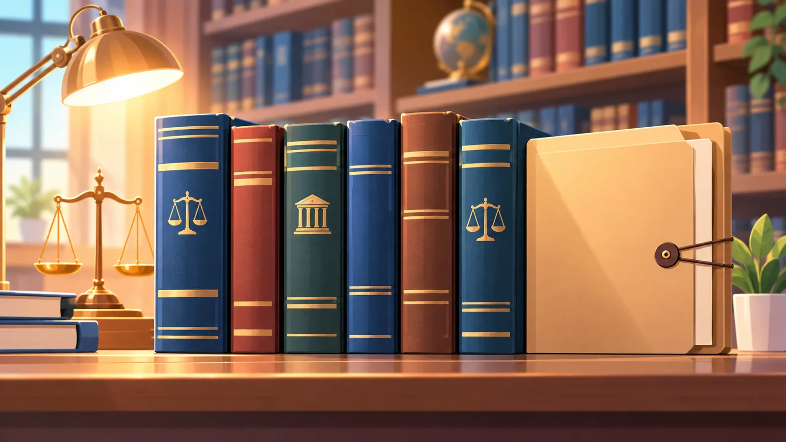Cărți de referință și un dosar pe un raft într-o bibliotecă juridică