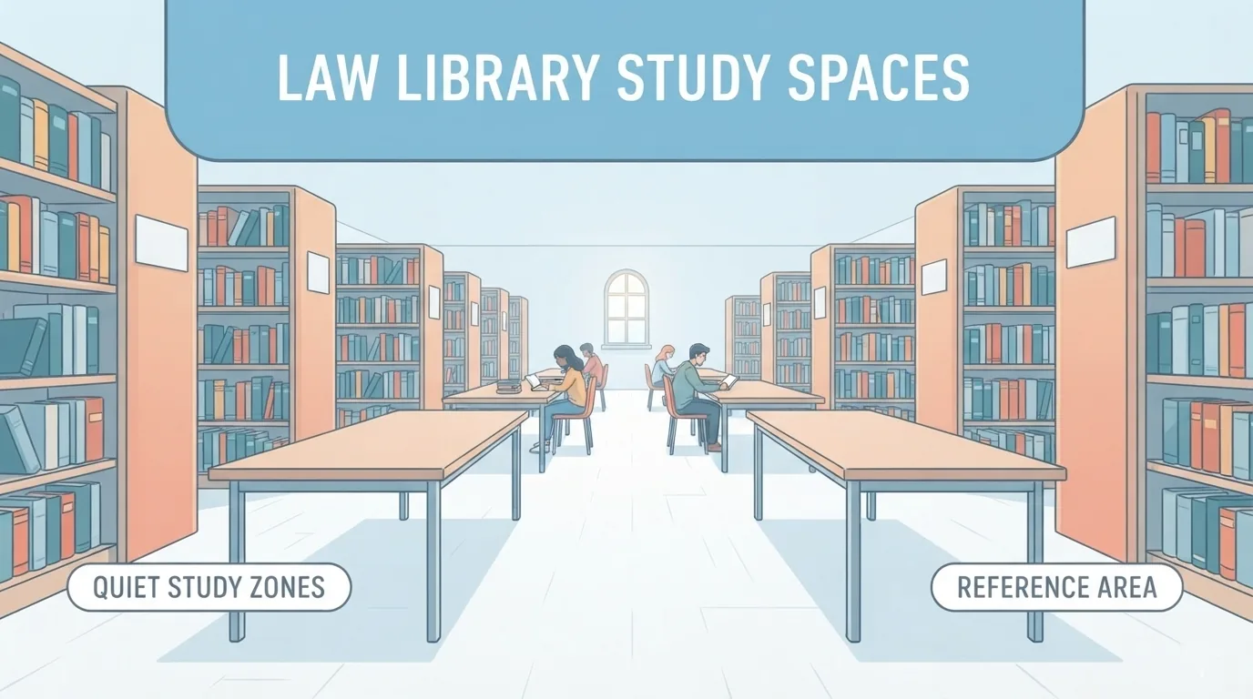 Bibliotecă de drept liniștită cu mese de studiu