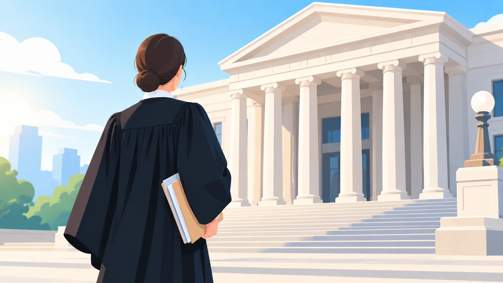 Avocat în robă în fața treptelor unei clădiri de judecată