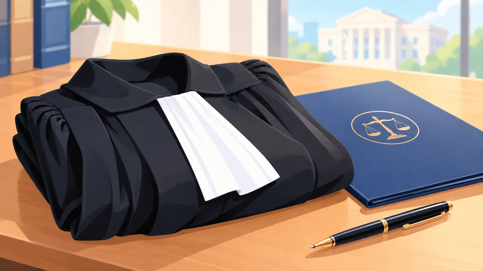 Robă de avocat și mapă profesională pe un birou