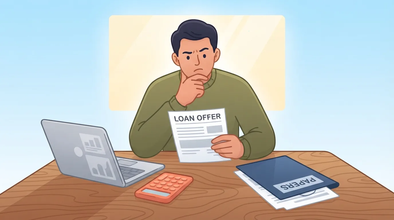 Persoană care analizează o ofertă de credit la masa din bucătărie