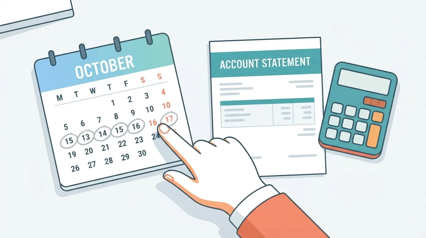 Calendar cu zile încercuite lângă un extras de cont și un calculator