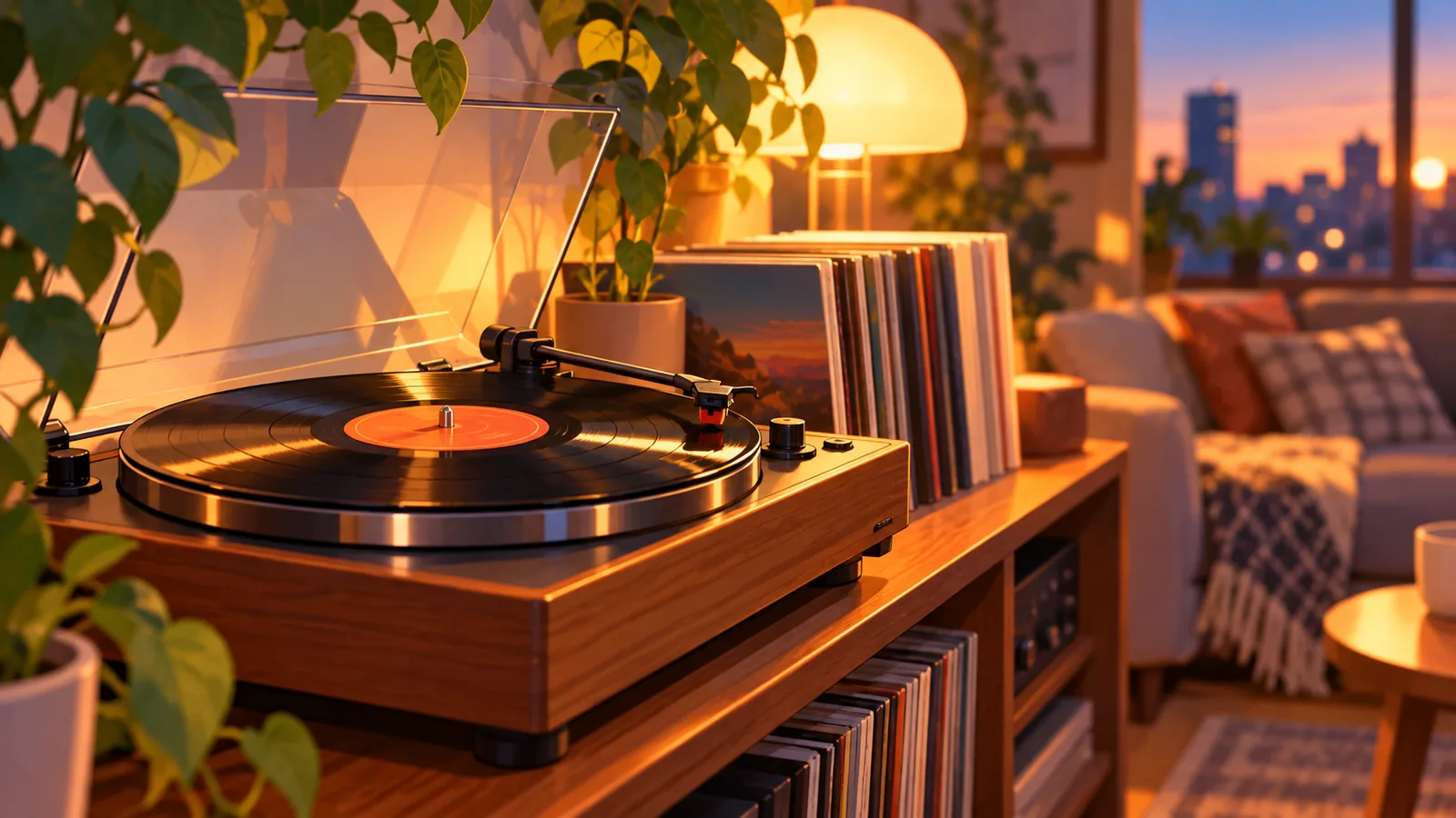 Pick-up vechi cu un disc de vinil care se învârte