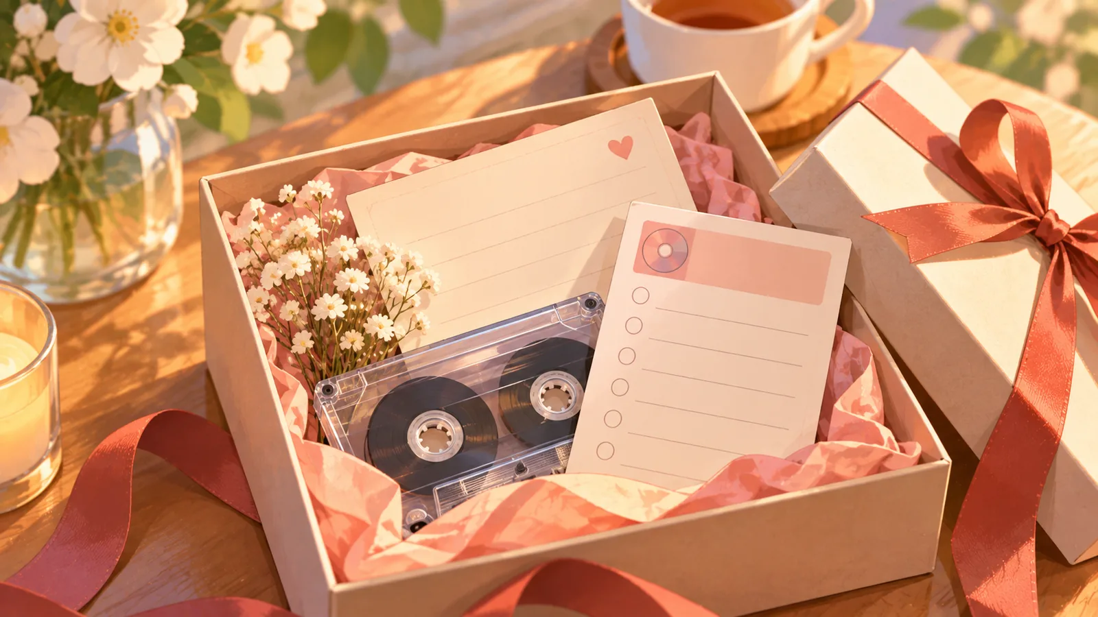 Bilet scris de mână și card de playlist într-o cutie de cadou