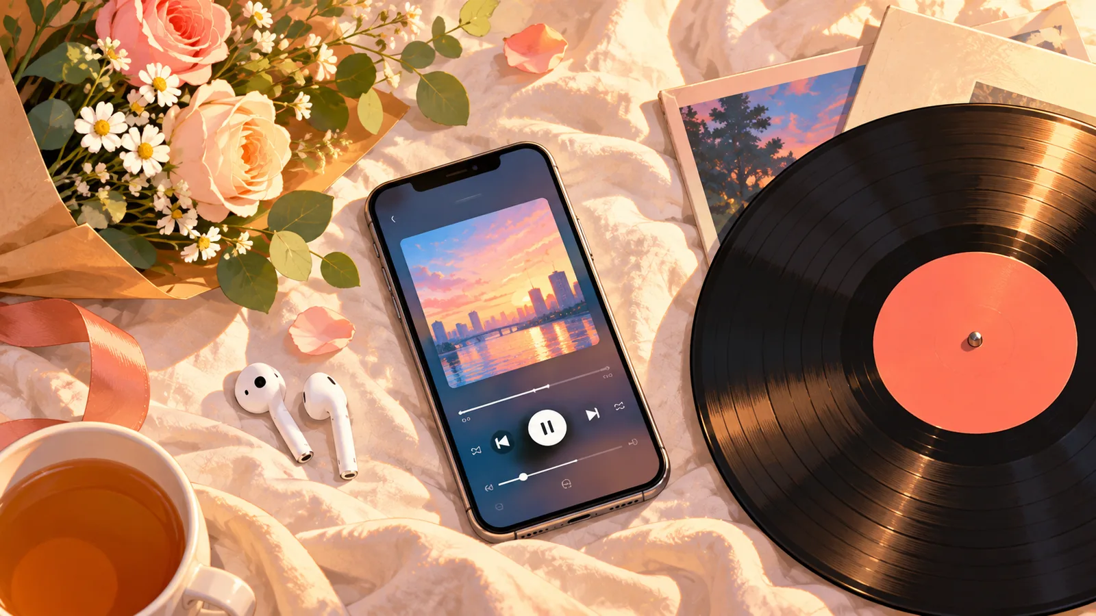 Telefon cu aplicație de muzică, disc de vinil și buchet mic de flori