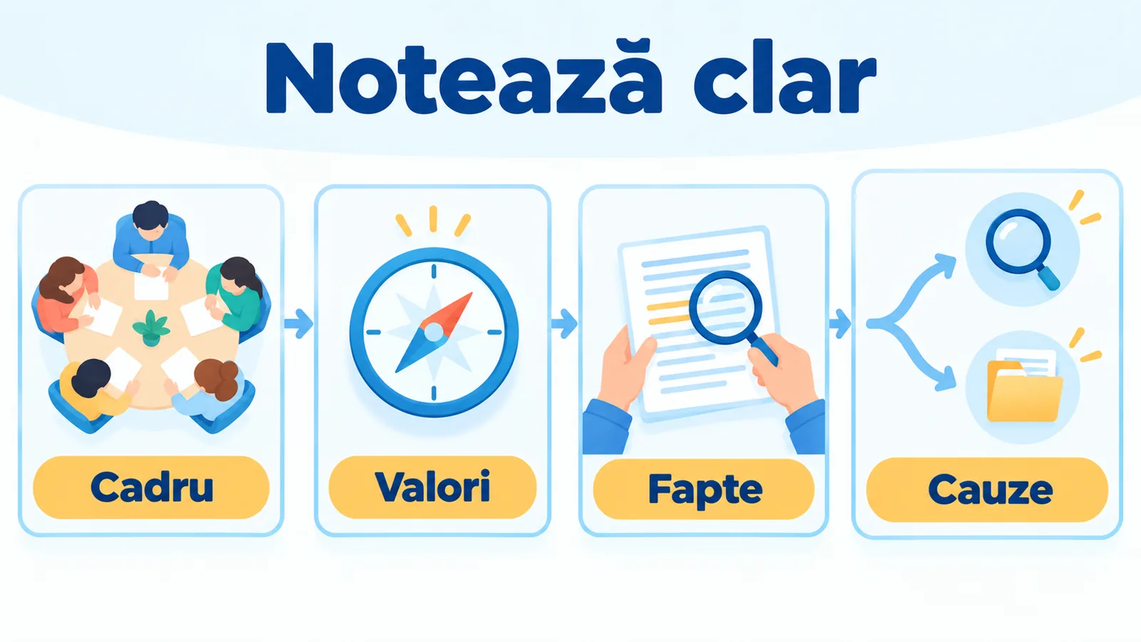 O fișă în patru pași separă situația, ce a contat, comportamentul observat și alte motive posibile.