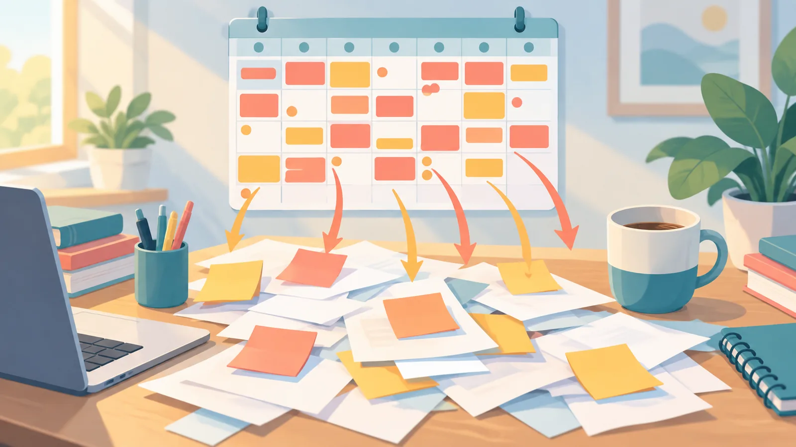 Birou aglomerat cu documente, notițe și un calendar plin
