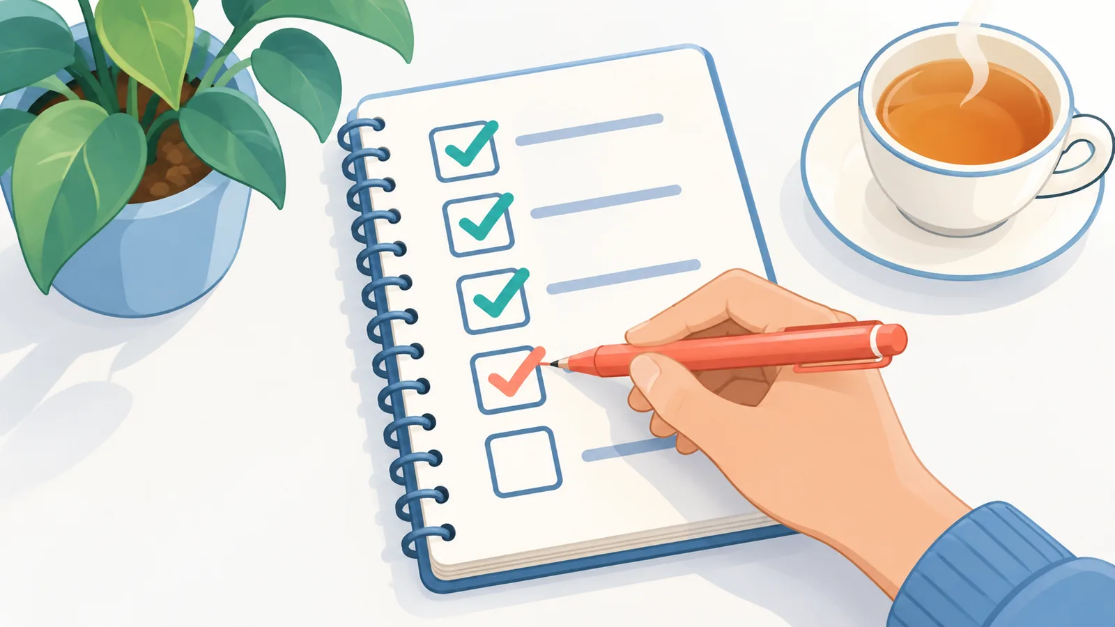 Mână care bifează o listă de verificare într-un carnet, lângă o plantă