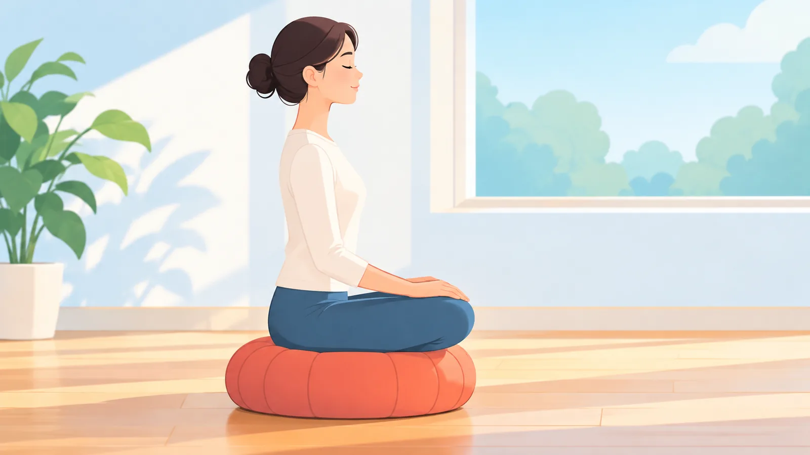 Persoană așezată drept pe o pernă de meditație rotundă într-o cameră luminoasă