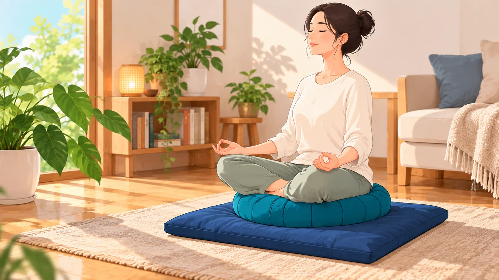 Începător așezat pe o pernă de meditație cu zabuton în colțul unui living