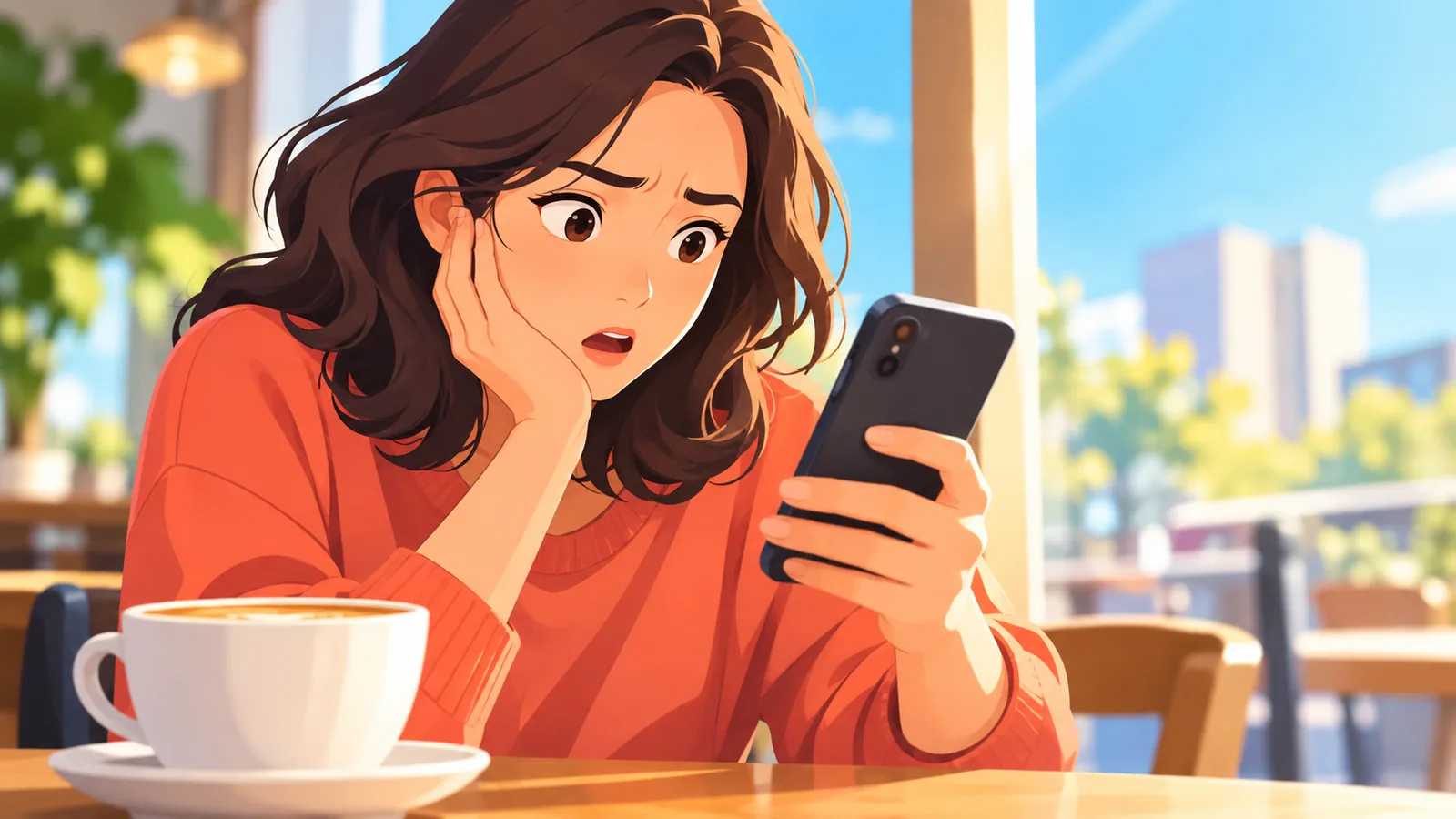 Persoană care citește știri pe telefon la o masă de cafenea