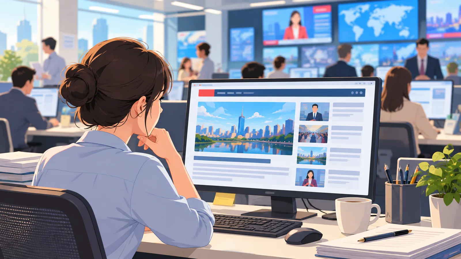 Spațiu de lucru tip redacție cu o pagină de știri pe monitor
