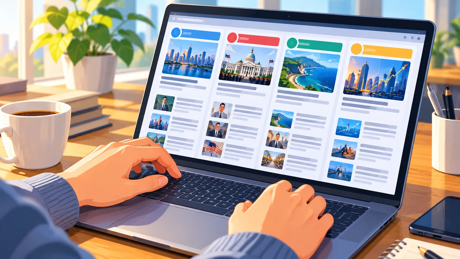 Mâini care derulează articole grupate din mai multe surse pe laptop