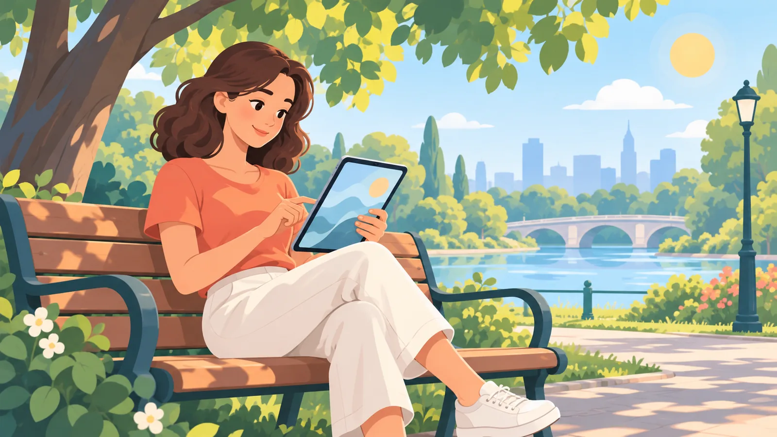 Persoană care citește pe tabletă într-un parc, vara