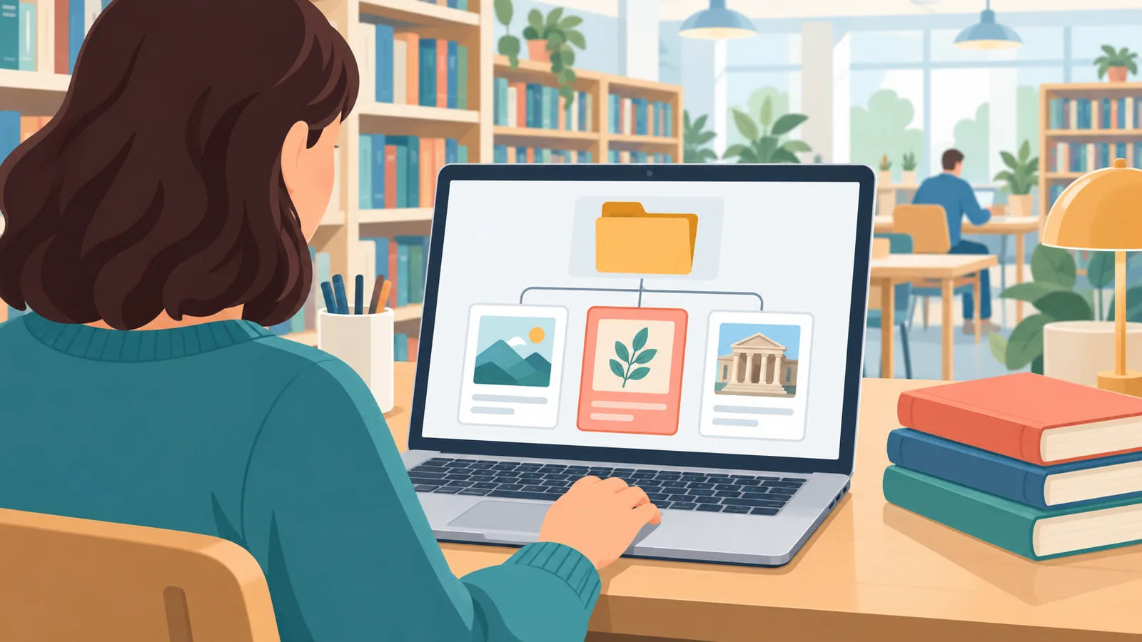 Laptop cu o arhivă digitală într-o bibliotecă