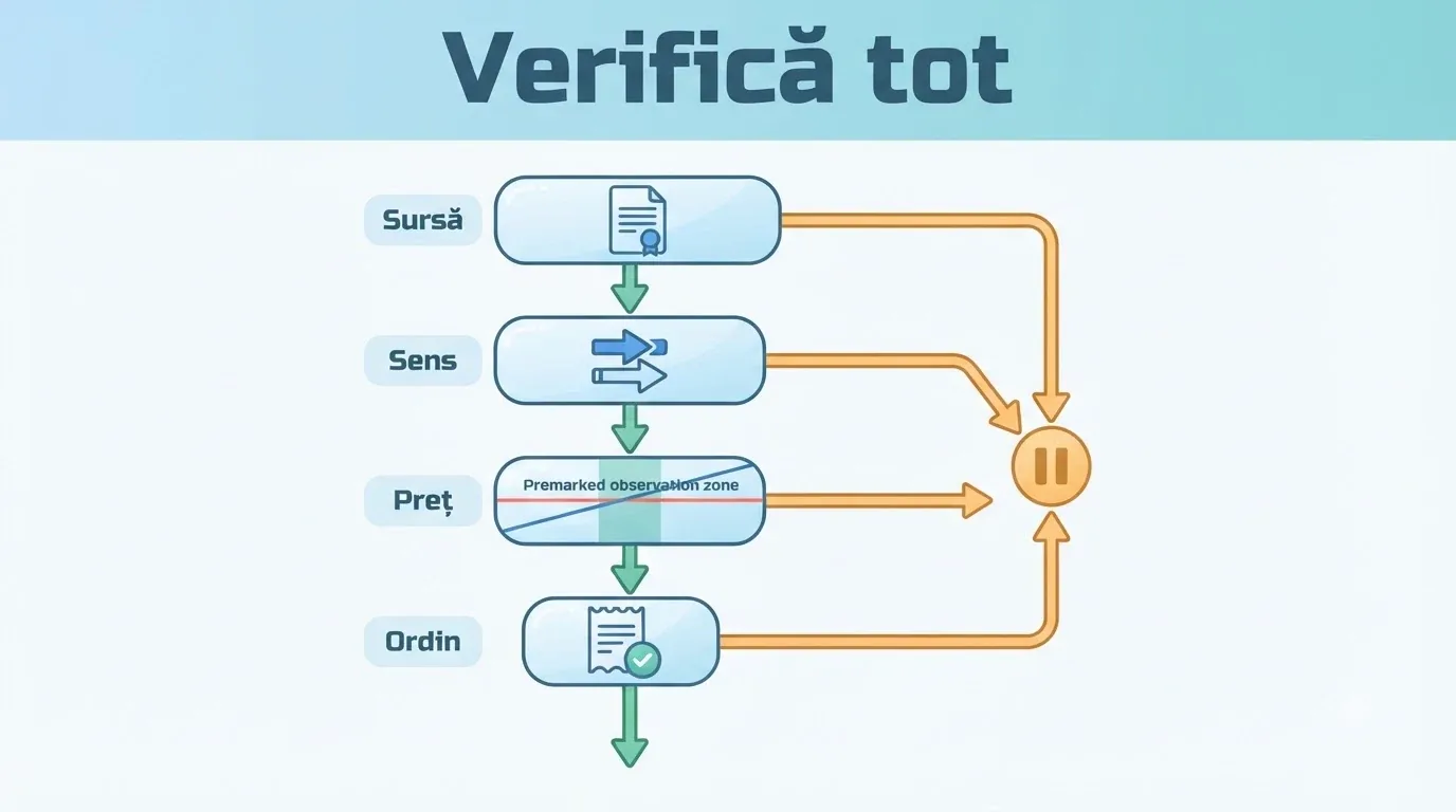 Fișă cu patru verificări înainte de anunț: ora, perioada datelor, sursa estimării și activele urmărite sau deț