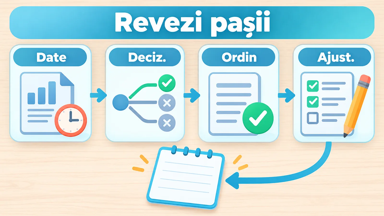 Jurnalul separă datele disponibile, decizia, execuția ordinului și ajustările pentru următorul anunț.