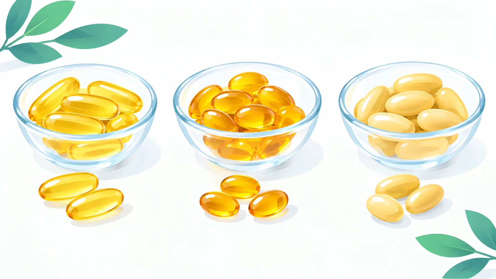 Capsule de omega 3 în trei farfurioare de sticlă
